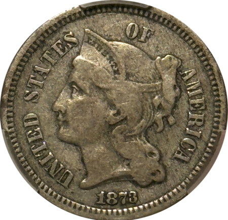 CAC Approved Coins 1873 THREE CENT NICKEL, CLOSED 3 – CACG VF-20, CAC APPROVED!