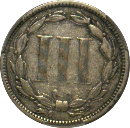 CAC Approved Coins 1873 THREE CENT NICKEL, CLOSED 3 – CACG VF-20, CAC APPROVED!