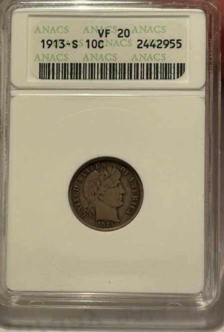 Barber Dimes 1913-S BARBER DIME – ANACS VF-20, LOVELY KEY-DATE!