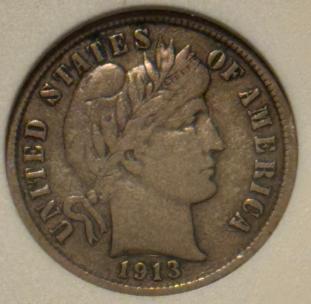 Barber Dimes 1913-S BARBER DIME – ANACS VF-20, LOVELY KEY-DATE!