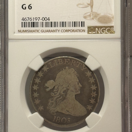 Early Halves 1805 DRAPED BUST HALF DOLLAR – NGC G-6, WHOLESOME & NICE!
