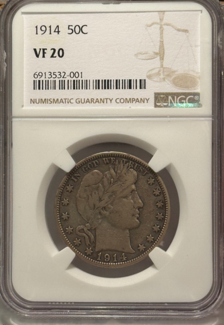 Barber Halves 1914 BARBER HALF DOLLAR – NGC VF-20, KEY-DATE!
