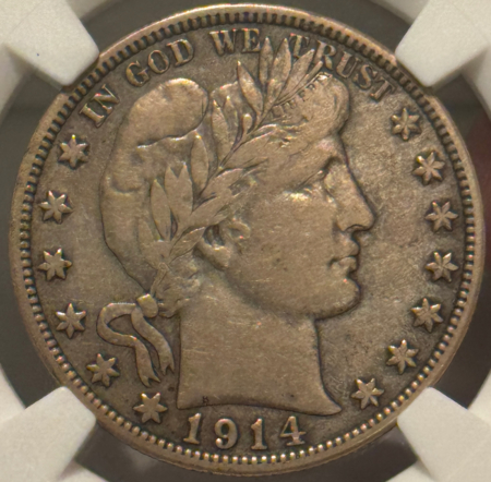 Barber Halves 1914 BARBER HALF DOLLAR – NGC VF-20, KEY-DATE!