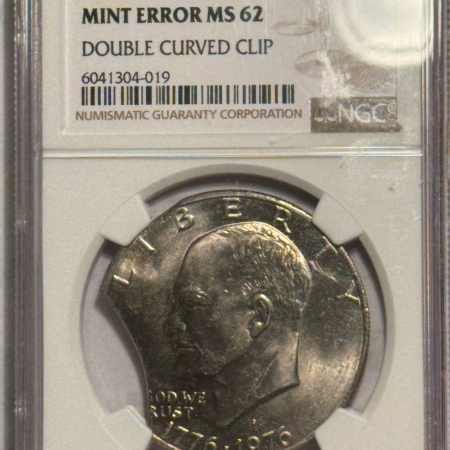 Dollars 1776-1976-D EISENHOWER DOLLAR MINT ERROR TY 2 NGC MS-62, DBL CURVED CLIP, RARE!