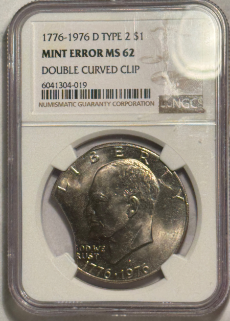 Dollars 1776-1976-D EISENHOWER DOLLAR MINT ERROR TY 2 NGC MS-62, DBL CURVED CLIP, RARE!