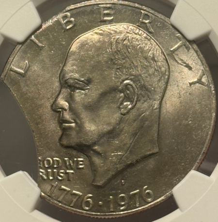 Dollars 1776-1976-D EISENHOWER DOLLAR MINT ERROR TY 2 NGC MS-62, DBL CURVED CLIP, RARE!