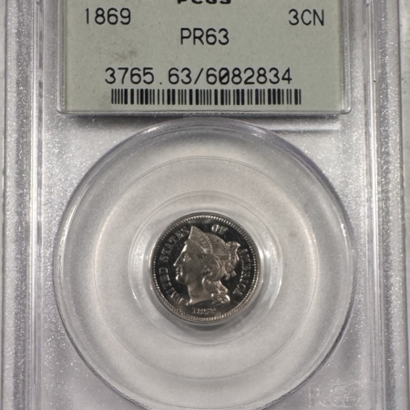 New Certified Coins 1869 PROOF THREE CENT NICKEL – PCGS PR-63, OLD GREEN HOLDER & PREMIUM QUALITY!