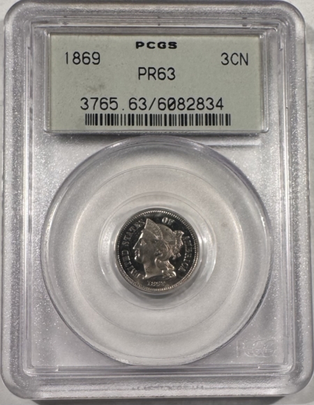New Certified Coins 1869 PROOF THREE CENT NICKEL – PCGS PR-63, OLD GREEN HOLDER & PREMIUM QUALITY!
