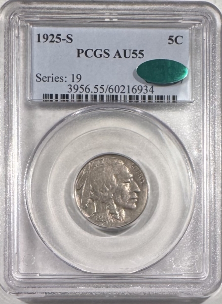 Buffalo Nickels 1925-S BUFFALO NICKEL – PCGS AU-55, TOUGH! CAC APPROVED!