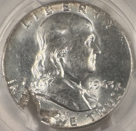 Franklin Halves 1963 FRANKLIN HALF DOLLAR, STRUCK ON DEFECTIVE PLAN – PCGS MS-64, MINT ERROR!