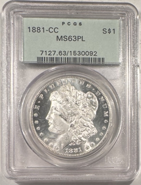 Dollars 1881-CC $1 MORGAN DOLLAR – PCGS MS-63 PL, OGH, PROOFLIKE, PQ, CARSON CITY!