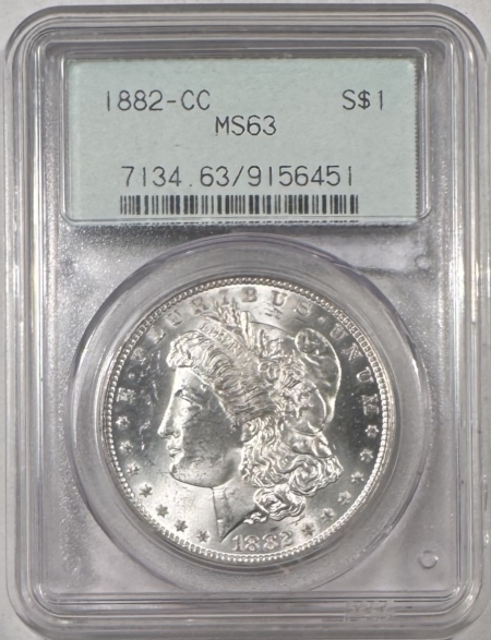Dollars 1882-CC $1 MORGAN DOLLAR PCGS MS-63 PQ, TWO PIECE OLD GREEN HOLDER, CARSON CITY