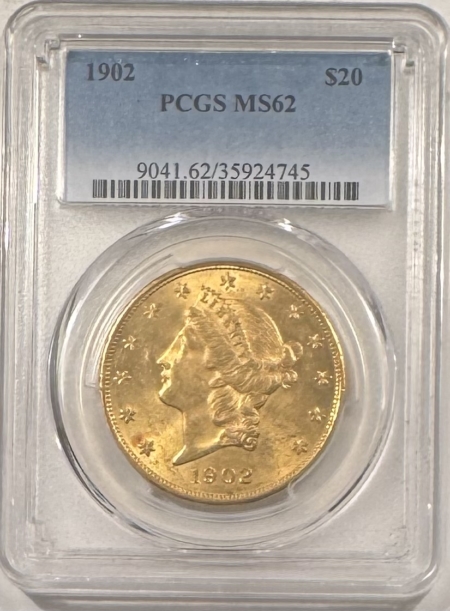$20 1902 $20 LIBERTY GOLD DOUBLE EAGLE – PCGS MS-62, RARE DATE!
