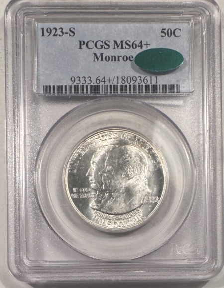 CAC Approved Coins 1923-S MONROE COMMEMORATIVE HALF DOLLAR PCGS MS-64+ LOOKS 65, PQ, CAC APPROVED!