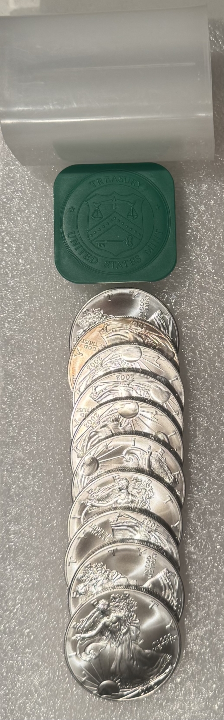 American Silver Eagles 2002 1/2 ROLL OF AMERICAN SILVER EAGLES (10), FRESH B.U. IN ORIGINAL GOVT TUBE!