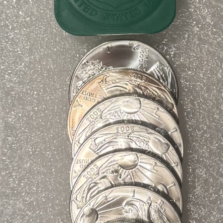 American Silver Eagles 2002 1/2 ROLL OF AMERICAN SILVER EAGLES (10), FRESH B.U. IN ORIGINAL GOVT TUBE!