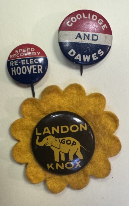 New Store Items 1924-36 COOLIDGE, HOOVER, LANDON CAMPAIGN BUTTON LOT (3), 5/8″-7/8″-EXCELLENT!