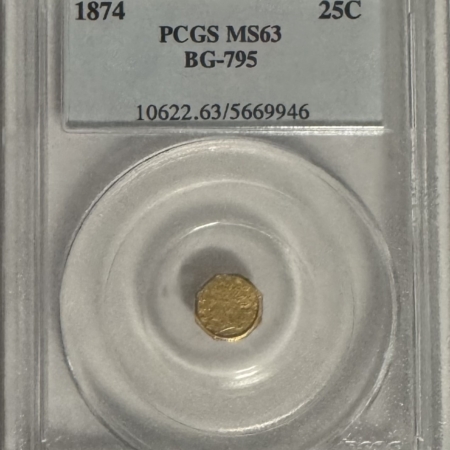 New Certified Coins 1874 25c CALIFORNIA FRACTIONAL GOLD, BG-795, PCGS MS-63, ORIGINAL PATINA & PL!