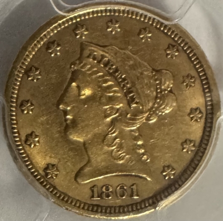 $2.50 1861 $2.50 LIBERTY GOLD, NEW REVERSE, PCGS AU-53, LIGHTLY CIRCULATED & ORIGINAL!
