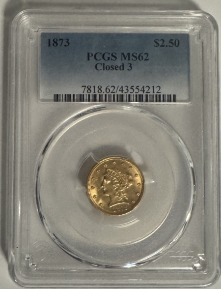 $2.50 1873 $2.50 LIBERTY GOLD, CLOSED 3, PCGS MS-62, LUSTROUS & ATTRACTIVE!