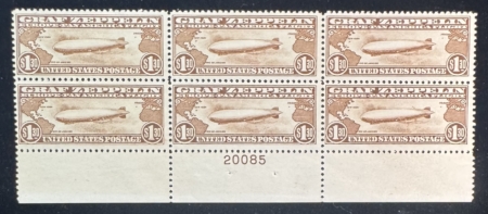 Air Post Stamps SCOTT #C-14 $1.30 GRAF ZEPPELIN BOTTOM PLATE BLOCK OF 6, MOG-VF NH, CAT $5000!
