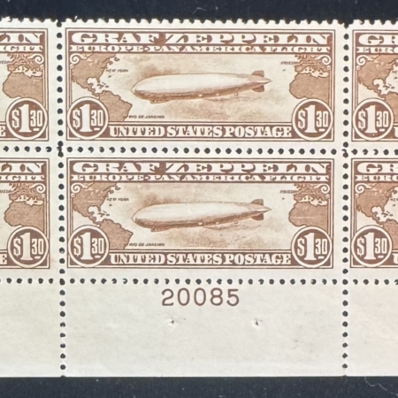 Air Post Stamps SCOTT #C-14 $1.30 GRAF ZEPPELIN BOTTOM PLATE BLOCK OF 6, MOG-VF NH, CAT $5000!