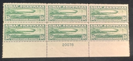 Air Post Stamps SCOTT #C-13 65c GRAF ZEPPELIN BOTTOM PLATE BLOCK OF 6, MOG VF-NH, CAT $2200!