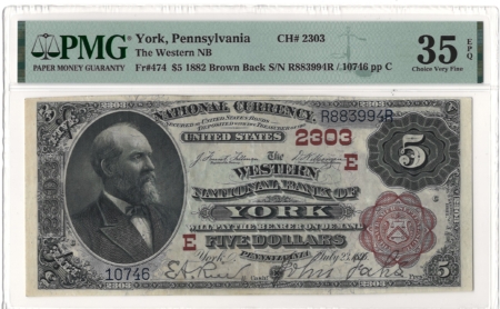 Large National Currency 1882 $5 BROWNBACK CHTR #2303, WESTERN NB OF YORK, PA, PMG CH VF-35 EPQ-GORGEOUS!
