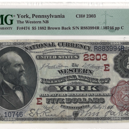 Large National Currency 1882 $5 BROWNBACK CHTR #2303, WESTERN NB OF YORK, PA, PMG CH VF-35 EPQ-GORGEOUS!