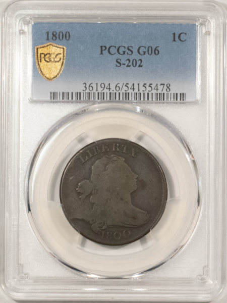Draped Bust Large Cents 1800 DRAPED BUST LARGE CENT, S-202 – PCGS G-06, TOUGH VARIETY, SMOOTH EXAMPLE