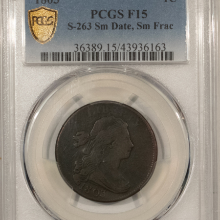 Draped Bust Large Cents 1803 DRAPED BUST LARGE CENT, S-263 SM DATE SM FRACTION – PCGS F-15, NICE SMOOTH!