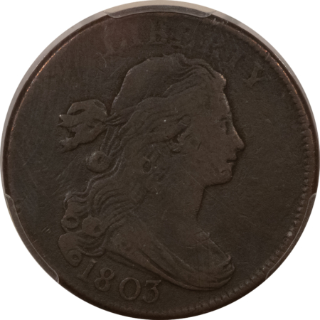 Draped Bust Large Cents 1803 DRAPED BUST LARGE CENT, S-263 SM DATE SM FRACTION – PCGS F-15, NICE SMOOTH!