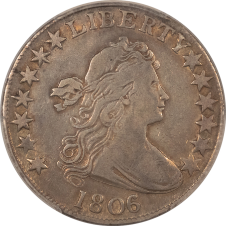 Early Halves 1806/5 DRAPED BUST HALF DOLLAR, O-101 LARGE STARS – PCGS VF-25, NICE EARLY HALF!