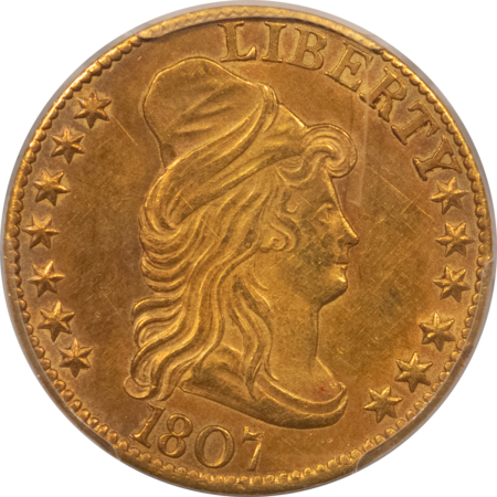 $5 1807 $5 DRAPED BUST RIGHT GOLD HALF EAGLE – PCGS AU-58, PRETTY! ORIGINAL!