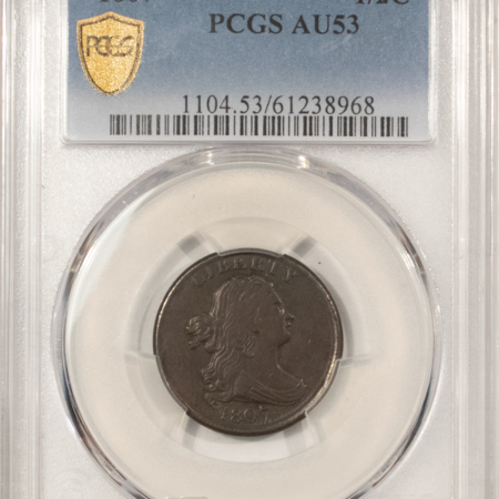 Draped Bust Half Cents 1807 DRAPED BUST HALF CENT – PCGS AU-53, NICE SMOOTH PLANCHET