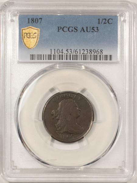 Draped Bust Half Cents 1807 DRAPED BUST HALF CENT – PCGS AU-53, NICE SMOOTH PLANCHET