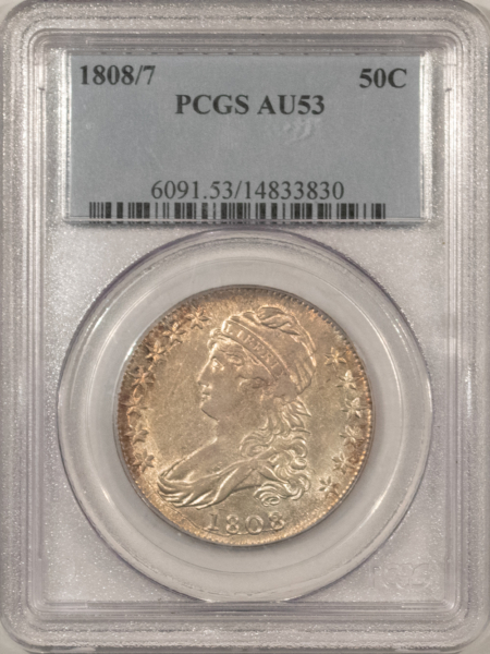 Early Halves 1808/7 CAPPED BUST HALF DOLLAR – PCGS AU-53, FLASHY & LUSTROUS!
