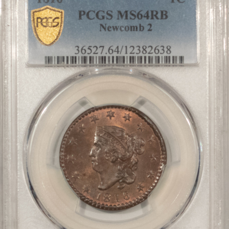 Coronet Head Large Cents 1816 CORONET HEAD LARGE CENT, N-2 – PCGS MS-64 RB, SCARCE – POP 16 ONLY 7 FINER!