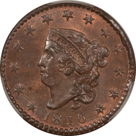 Coronet Head Large Cents 1816 CORONET HEAD LARGE CENT, N-2 – PCGS MS-64 RB, SCARCE – POP 16 ONLY 7 FINER!