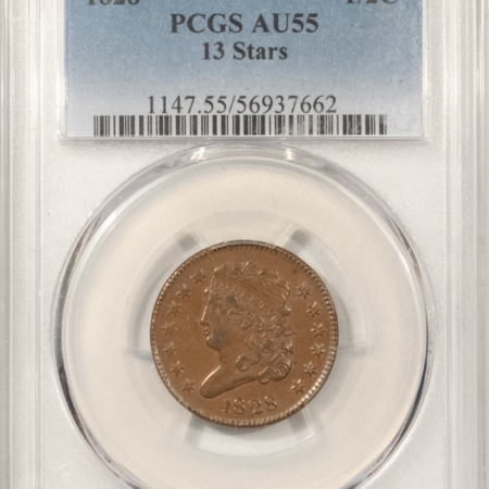 Classic Head Half Cents 1828 CLASSIC HEAD HALF CENT, 13 STARS – PCGS AU-55, NICE SMOOTH
