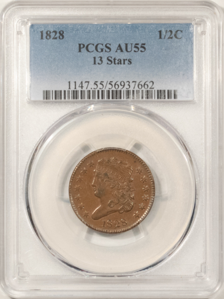 Classic Head Half Cents 1828 CLASSIC HEAD HALF CENT, 13 STARS – PCGS AU-55, NICE SMOOTH