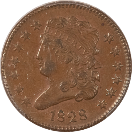 Classic Head Half Cents 1828 CLASSIC HEAD HALF CENT, 13 STARS – PCGS AU-55, NICE SMOOTH