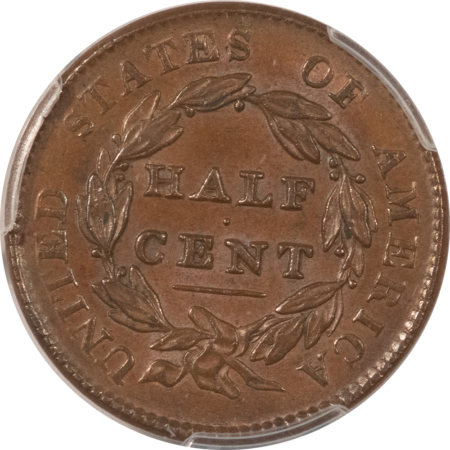Classic Head Half Cents 1828 CLASSIC HEAD HALF CENT, 13 STARS – PCGS AU-55, NICE SMOOTH