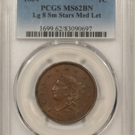 Coronet Head Large Cents 1834 CORONET HEAD LG CENT LG 8 SM STARS, MED LET PCGS MS-62 BN SCARCE NICE COLOR