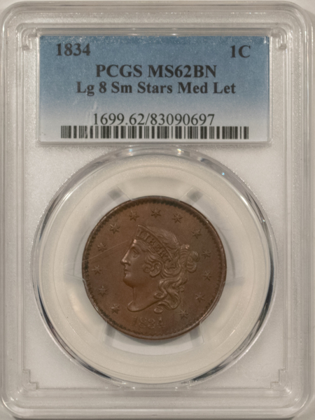 Coronet Head Large Cents 1834 CORONET HEAD LG CENT LG 8 SM STARS, MED LET PCGS MS-62 BN SCARCE NICE COLOR