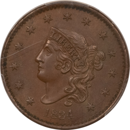 Coronet Head Large Cents 1834 CORONET HEAD LG CENT LG 8 SM STARS, MED LET PCGS MS-62 BN SCARCE NICE COLOR
