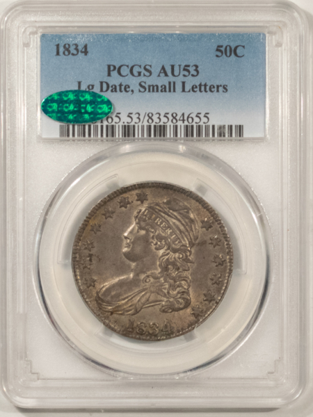 CAC Approved Coins 1834 CAPPED BUST HALF DOLLAR LG DATE SM LTRS PCGS AU-53 FRESH WHOLESOME, PQ, CAC