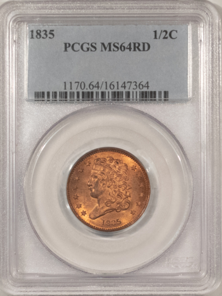 Classic Head Half Cents 1835 CLASSIC HEAD HALF CENT – PCGS MS-64 RD, FIERY & SCARCE JUST 10 FINER!