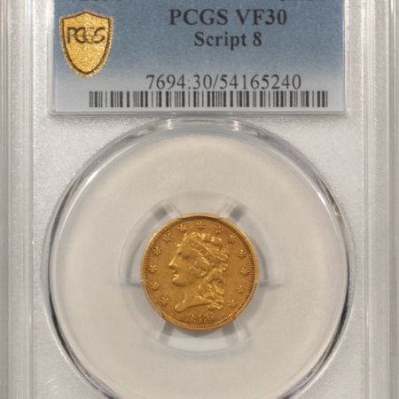 $2.50 1836 $2.50 CLASSIC HEAD GOLD QUARTER EAGLE, SCRIPT 8 – PCGS VF-30