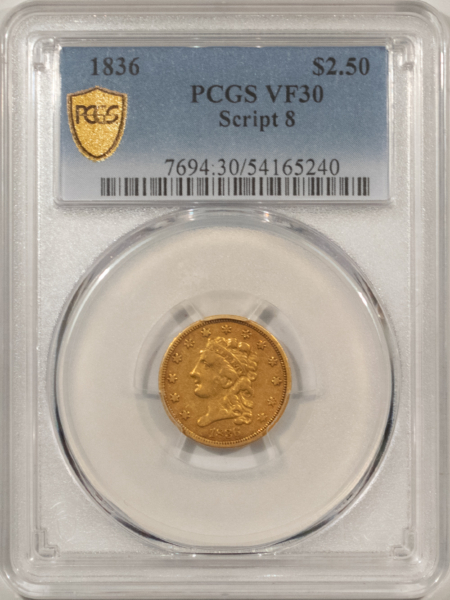 $2.50 1836 $2.50 CLASSIC HEAD GOLD QUARTER EAGLE, SCRIPT 8 – PCGS VF-30
